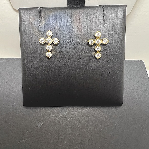 18k Gold Cross CZ Earring Studs - Picture 3 of 4